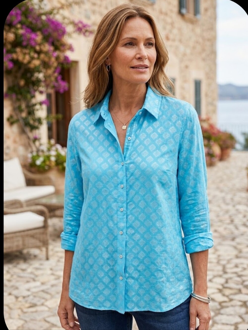Soft Surroundings Button Down Medium Turquoise Long Sleeve Satin Look Detail